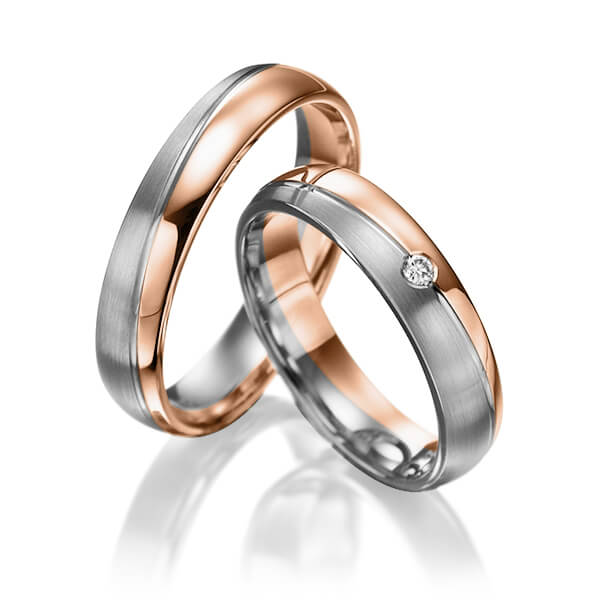 Set Bicolor trouwringen in roodgoud 14 kt. dark grey gold 14 kt. met in totaal 0,015 ct. Briljant tw/si van Steinberg - Q-1386-17