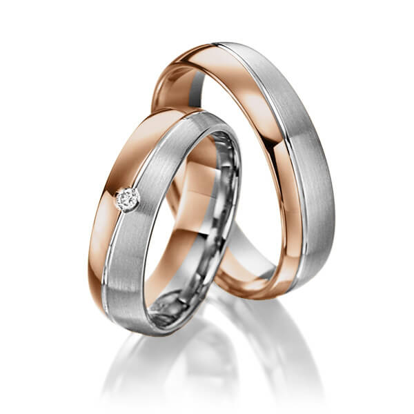 Set Bicolor trouwringen in roodgoud 14 kt. dark grey gold 14 kt. met in totaal 0,02 ct. Briljant tw/si van Steinberg - Q-1390-16