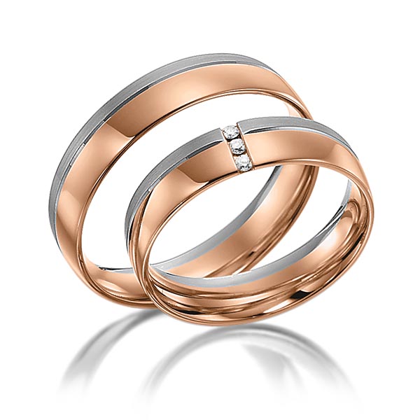 Set Bicolor trouwringen in roodgoud 14 kt. dark grey gold 14 kt. met in totaal 0,03 ct. Briljant tw/si van acredo - S-1105-16