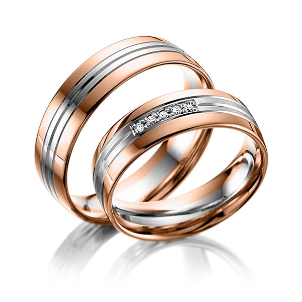 Set Bicolor trouwringen in roodgoud 14 kt. dark grey gold 14 kt. met in totaal 0,05 ct. Briljant tw/si van Steinberg