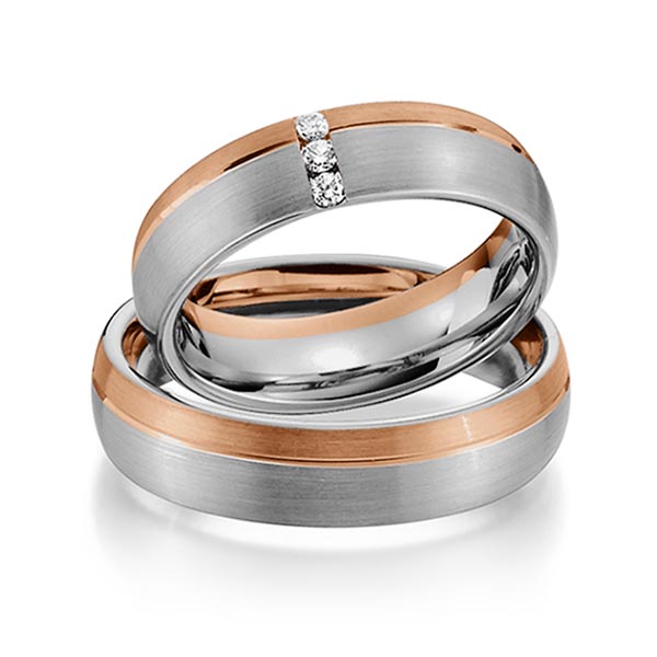 Set Bicolor trouwringen in roodgoud 14 kt. dark grey gold 14 kt. met in totaal 0,075 ct. Briljant tw/si van Steinberg