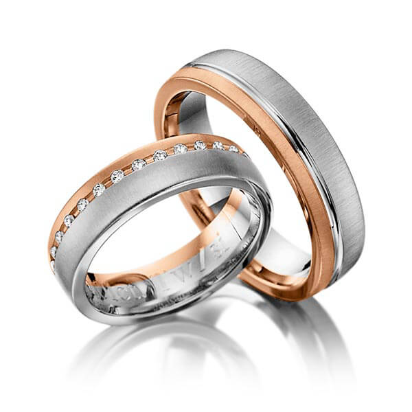 Set Bicolor trouwringen in roodgoud 14 kt. dark grey gold 14 kt. met in totaal 0,15 ct. Briljant tw/si van Eternal Touch - Y-1024-7