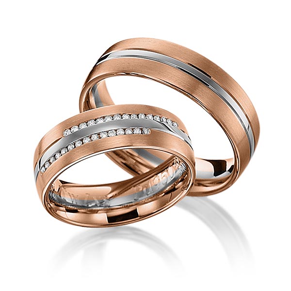 Set Bicolor trouwringen in roodgoud 14 kt. dark grey gold 14 kt. met in totaal 0,15 ct. Briljant tw/si van Eternal Touch - Y-1145-10 Set Bicolor trouwringen in roodgoud 14 kt. dark grey gold 14 kt. met in totaal 0,15 ct. Briljant tw/si van Eternal Touch - Y-1145-10