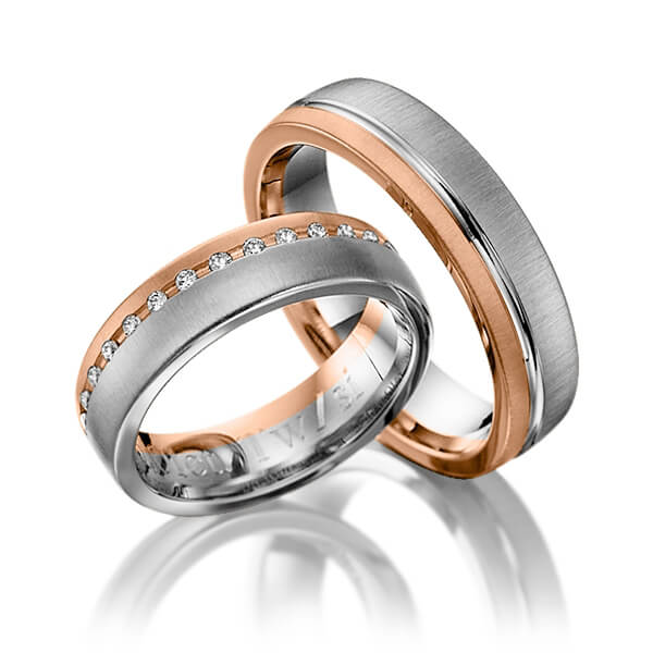 Set Bicolor trouwringen in roodgoud 14 kt. dark grey gold 14 kt. met in totaal 0,15 ct. Briljant tw/si van Steinberg - Q-1203-7 Set Bicolor trouwringen in roodgoud 14 kt. dark grey gold 14 kt. met in totaal 0,15 ct. Briljant tw/si van Steinberg - Q-1203-7