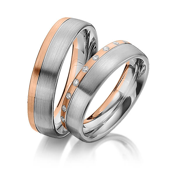 Set Bicolor trouwringen in roodgoud 14 kt. dark grey gold 14 kt. met in totaal 0,21 ct. Briljant tw/si van Steinberg