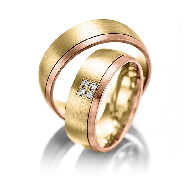 Set Bicolor trouwringen in roodgoud 14 kt. geelgoud 14 kt. met in totaal 0,04 ct. Briljant tw/si van Steinberg