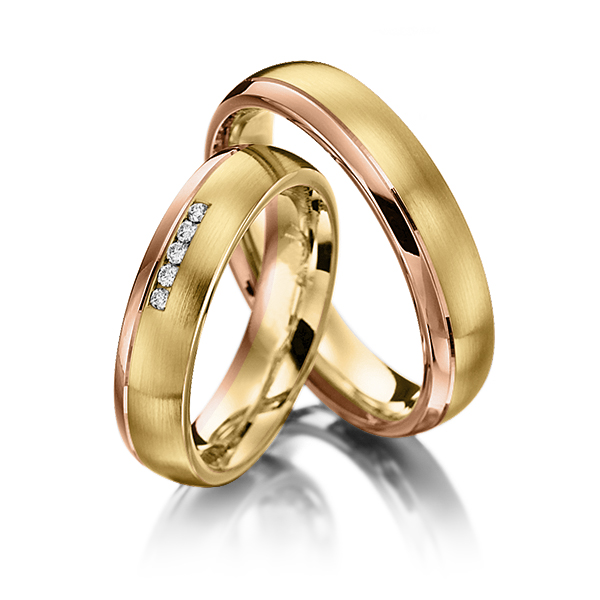 Set Bicolor trouwringen in roodgoud 14 kt. geelgoud 14 kt. met in totaal 0,05 ct. Briljant tw/si van Merii
