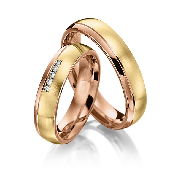Set Bicolor trouwringen in roodgoud 14 kt. geelgoud 14 kt. met in totaal 0,05 ct. Briljant tw/si van Steinberg
