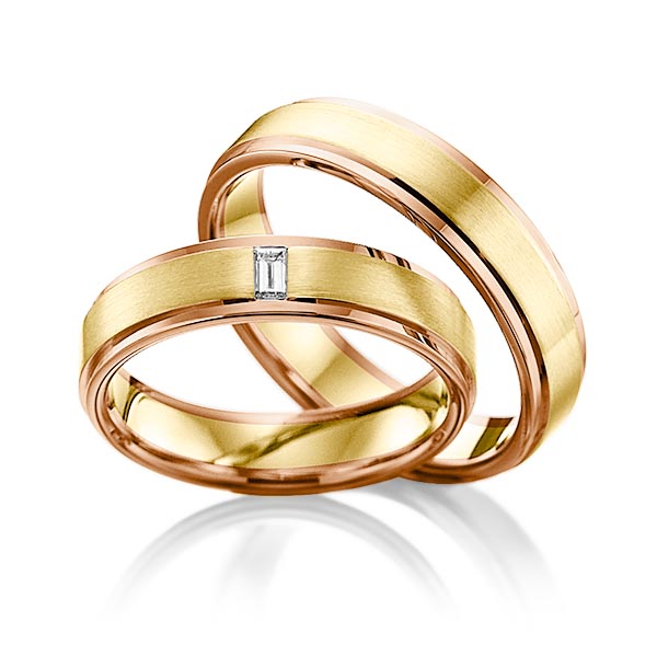 Set Bicolor trouwringen in roodgoud 14 kt. geelgoud 14 kt. met in totaal 0,06 ct. Baguette-Diamant tw,vs van Eternal Touch - Y-1107-18 Set Bicolor trouwringen in roodgoud 14 kt. geelgoud 14 kt. met in totaal 0,06 ct. Baguette-Diamant tw,vs van Eternal Touch - Y-1107-18