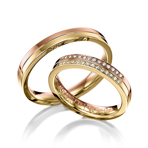 Set Bicolor trouwringen in roodgoud 14 kt. geelgoud 14 kt. met in totaal 0,14 ct. Briljant tw/si van Eternal Touch