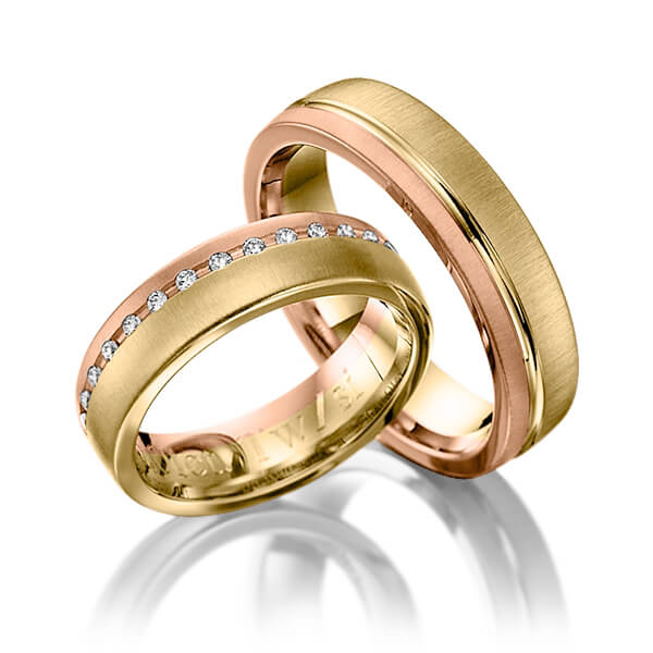 Set Bicolor trouwringen in roodgoud 14 kt. geelgoud 14 kt. met in totaal 0,15 ct. Briljant tw/si van Steinberg - Q-1203-17 Set Bicolor trouwringen in roodgoud 14 kt. geelgoud 14 kt. met in totaal 0,15 ct. Briljant tw/si van Steinberg - Q-1203-17