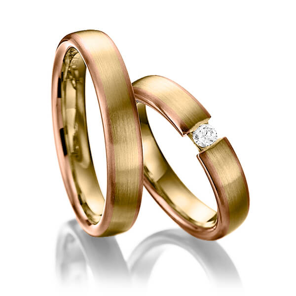 Set Bicolor trouwringen in roodgoud 14 kt. geelgoud 14 kt. met in totaal 0,1 ct. Briljant tw/si van Steinberg