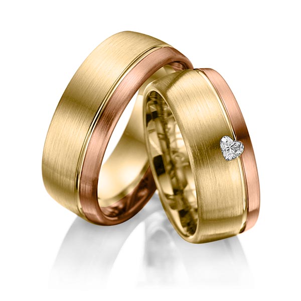 Set Bicolor trouwringen in roodgoud 14 kt. geelgoud 14 kt. met in totaal 0,1 ct. Hart-Diamant tw,vs van Eternal Touch