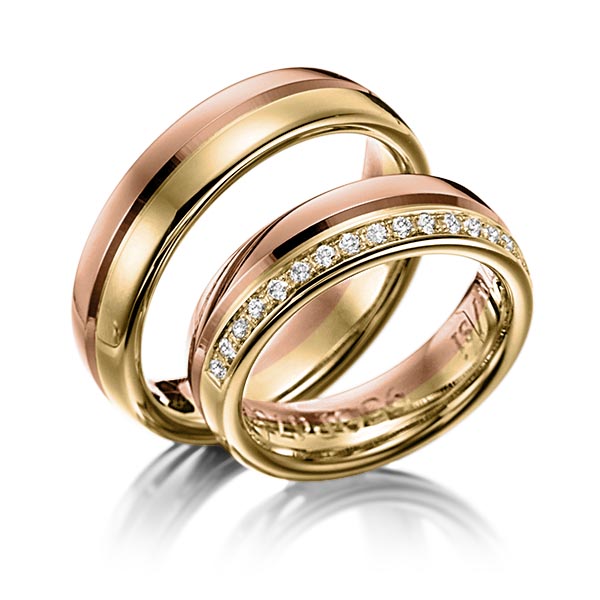 Set Bicolor trouwringen in roodgoud 14 kt. geelgoud 14 kt. met in totaal 0,225 ct. Briljant tw/si van Steinberg - Q-1213-17
