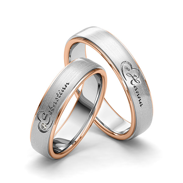 Set Bicolor trouwringen in roodgoud 14 kt. grijsgoud 14 kt. Hart met in totaal 0,01 ct. Briljant tw/si van Eternal Touch