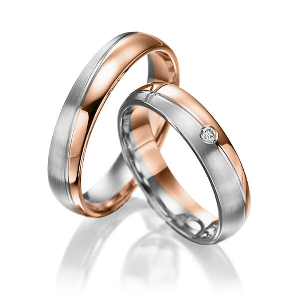 Set Bicolor trouwringen in roodgoud 14 kt. grijsgoud 14 kt. met in totaal 0,015 ct. Briljant tw/si van Steinberg