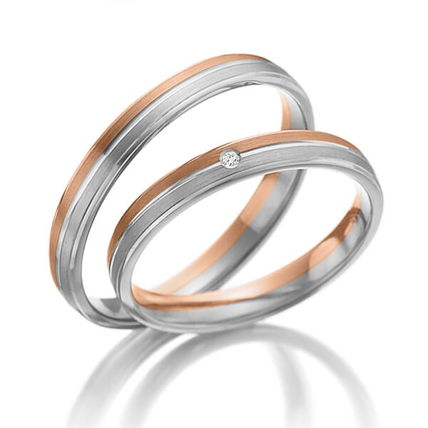 Set Bicolor trouwringen in roodgoud 14 kt. grijsgoud 14 kt. met in totaal 0,01 ct. Briljant tw/si - NP-1054-6 Set Bicolor trouwringen in roodgoud 14 kt. grijsgoud 14 kt. met in totaal 0,01 ct. Briljant tw/si - NP-1054-6