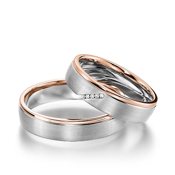 Set Bicolor trouwringen in roodgoud 14 kt. grijsgoud 14 kt. met in totaal 0,025 ct. Briljant tw/si van acredo - S-1155-8