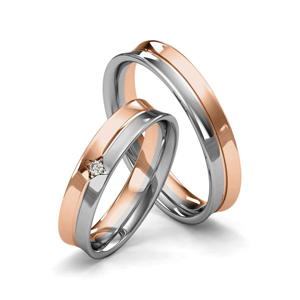 Set Bicolor trouwringen in roodgoud 14 kt. grijsgoud 14 kt. met in totaal 0,025 ct. Briljant tw/si van Merii