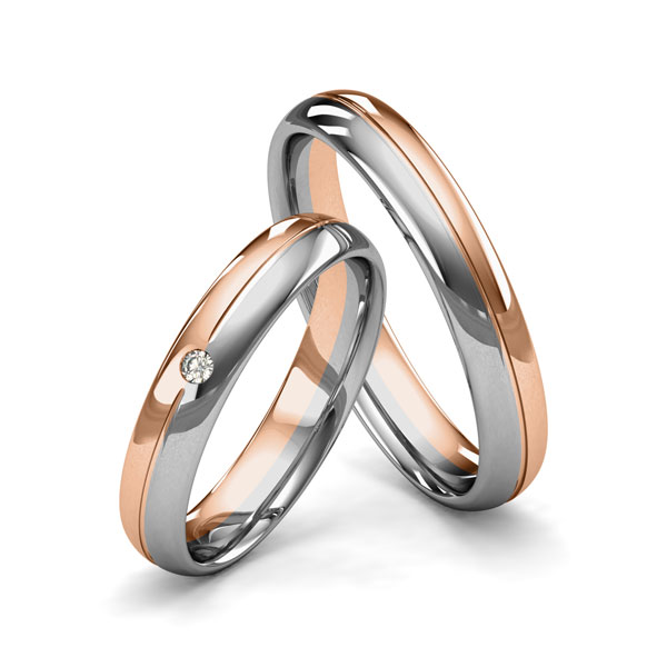 Set Bicolor trouwringen in roodgoud 14 kt. grijsgoud 14 kt. met in totaal 0,02 ct. Briljant tw/si van Merii