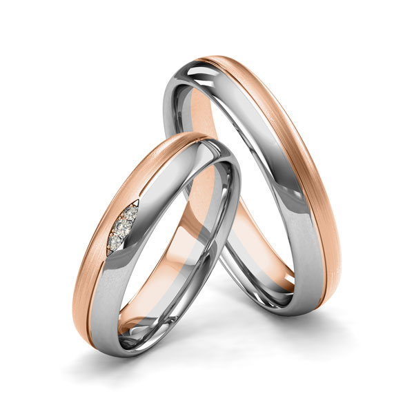 Set Bicolor trouwringen in roodgoud 14 kt. grijsgoud 14 kt. met in totaal 0,02 ct. Briljant tw/si van Merii