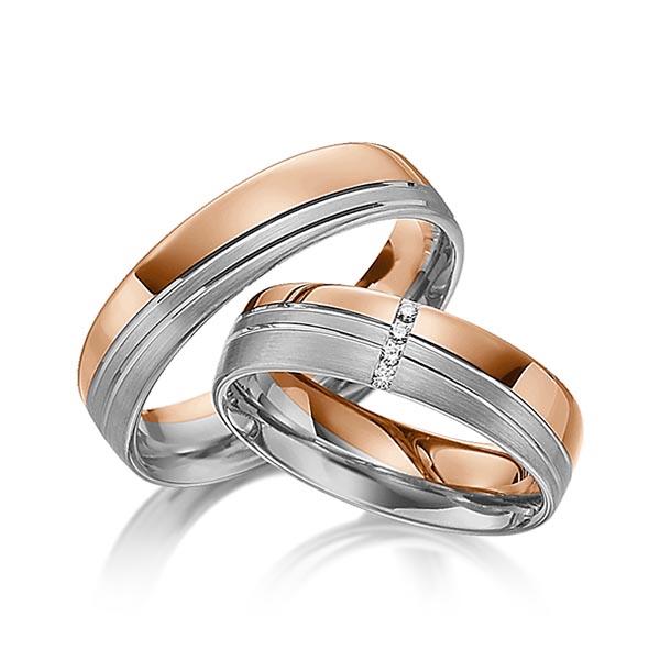 Set Bicolor trouwringen in roodgoud 14 kt. grijsgoud 14 kt. met in totaal 0,02 ct. Briljant tw/si van Steinberg