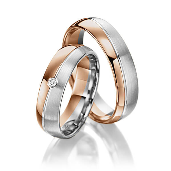 Set Bicolor trouwringen in roodgoud 14 kt. grijsgoud 14 kt. met in totaal 0,02 ct. Briljant tw/si van Steinberg