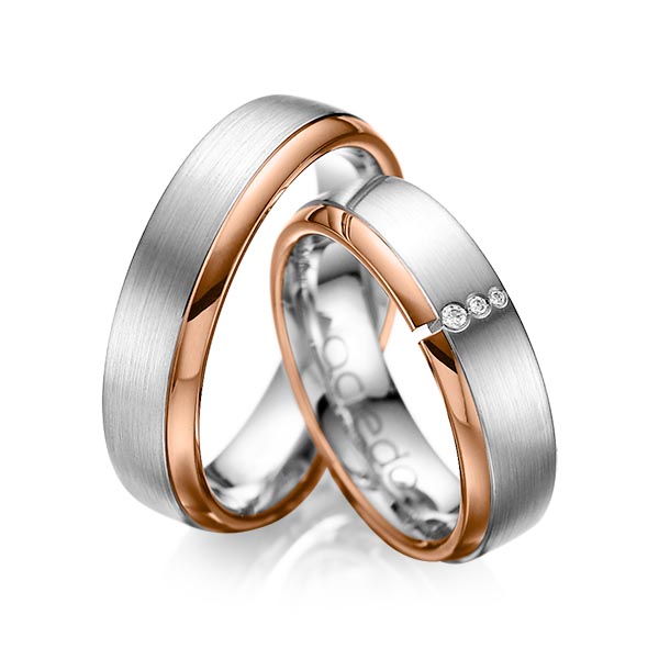 Set Bicolor trouwringen in roodgoud 14 kt. grijsgoud 14 kt. met in totaal 0,03 ct. Briljant tw/si van acredo - A-1067-3