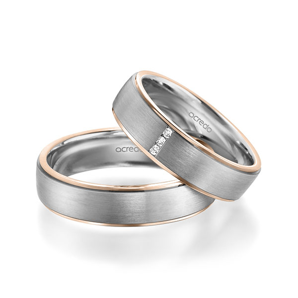 Set Bicolor trouwringen in roodgoud 14 kt. grijsgoud 14 kt. met in totaal 0,03 ct. Briljant tw/si van acredo