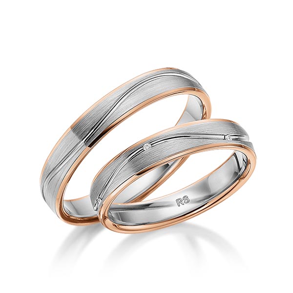 Set Bicolor trouwringen in roodgoud 14 kt. grijsgoud 14 kt. met in totaal 0,03 ct. Briljant tw/si van acredo