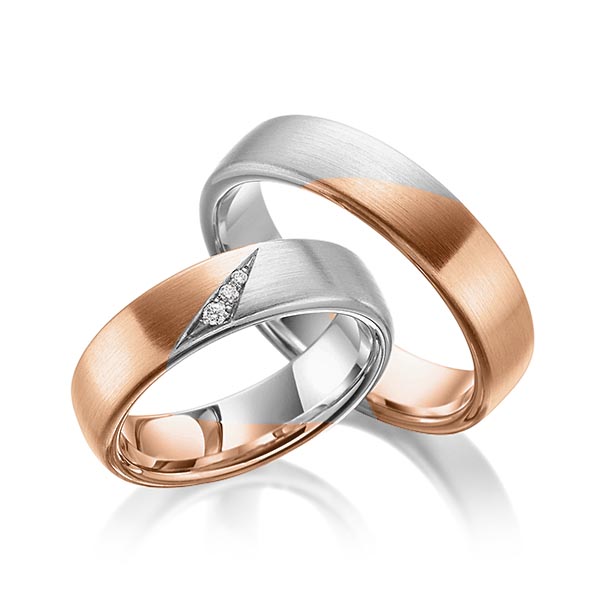 Set Bicolor trouwringen in roodgoud 14 kt. grijsgoud 14 kt. met in totaal 0,03 ct. Briljant tw/si van Eternal Touch