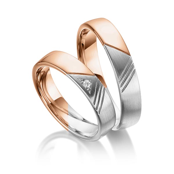 Set Bicolor trouwringen in roodgoud 14 kt. grijsgoud 14 kt. met in totaal 0,03 ct. Briljant tw/si van Eternal Touch
