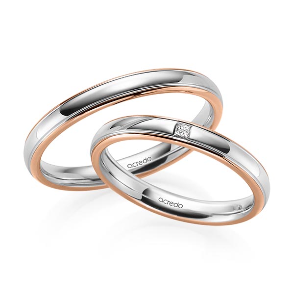 Set Bicolor trouwringen in roodgoud 14 kt. grijsgoud 14 kt. met in totaal 0,03 ct. Princess-Diamant tw/si van acredo