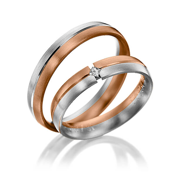 Set Bicolor trouwringen in roodgoud 14 kt. grijsgoud 14 kt. met in totaal 0,03 ct. Princess-Diamant tw/si van Eternal Touch