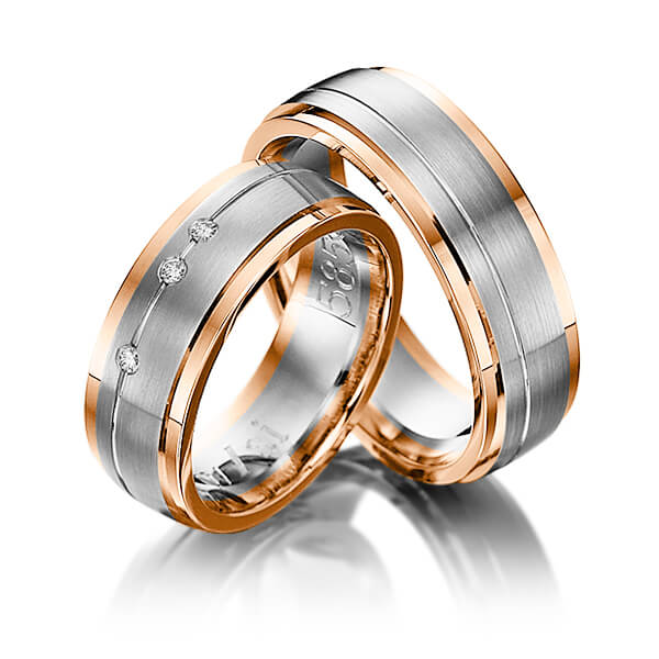 Set Bicolor trouwringen in roodgoud 14 kt. grijsgoud 14 kt. met in totaal 0,045 ct. Briljant tw/si van Eternal Touch - Y-1081-2 Set Bicolor trouwringen in roodgoud 14 kt. grijsgoud 14 kt. met in totaal 0,045 ct. Briljant tw/si van Eternal Touch - Y-1081-2