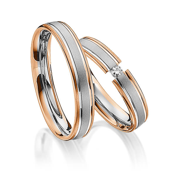 Set Bicolor trouwringen in roodgoud 14 kt. grijsgoud 14 kt. met in totaal 0,04 ct. Briljant tw/si van Steinberg - Q-1181-3 Set Bicolor trouwringen in roodgoud 14 kt. grijsgoud 14 kt. met in totaal 0,04 ct. Briljant tw/si van Steinberg - Q-1181-3
