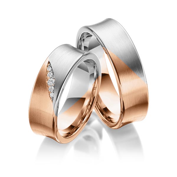 Set Bicolor trouwringen in roodgoud 14 kt. grijsgoud 14 kt. met in totaal 0,05 ct. Briljant tw/si van Eternal Touch