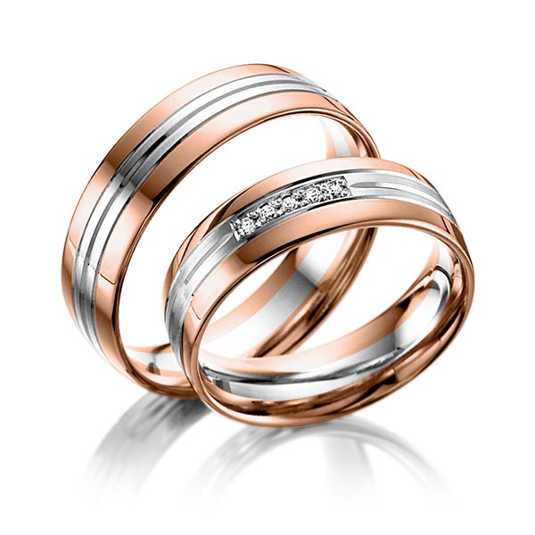 Set Bicolor trouwringen in roodgoud 14 kt. grijsgoud 14 kt. met in totaal 0,05 ct. Briljant tw/si van Steinberg - Q-1052-6