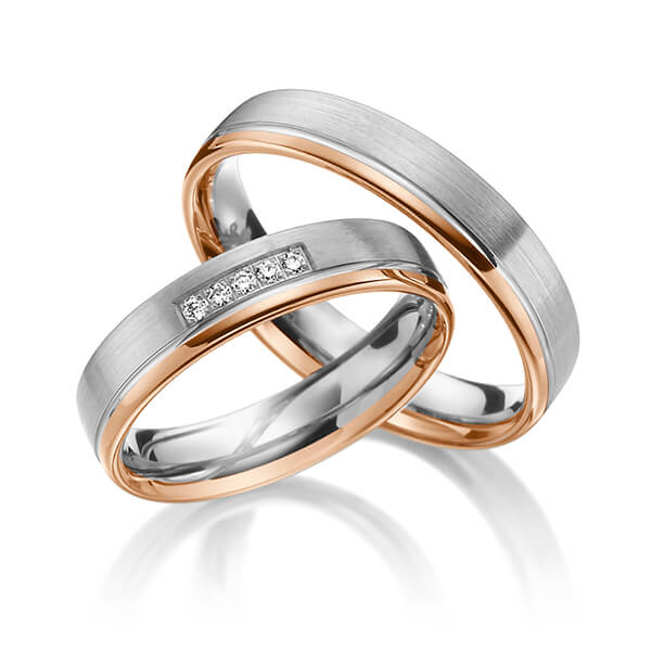 Set Bicolor trouwringen in roodgoud 14 kt. grijsgoud 14 kt. met in totaal 0,05 ct. Briljant tw/si van Steinberg
