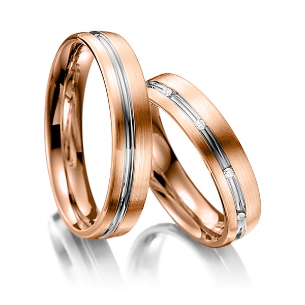 Set Bicolor trouwringen in roodgoud 14 kt. grijsgoud 14 kt. met in totaal 0,05 ct. Briljant tw/si van Steinberg - Q-1198-14 Set Bicolor trouwringen in roodgoud 14 kt. grijsgoud 14 kt. met in totaal 0,05 ct. Briljant tw/si van Steinberg - Q-1198-14