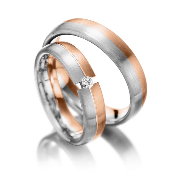 Set Bicolor trouwringen in roodgoud 14 kt. grijsgoud 14 kt. met in totaal 0,05 ct. Briljant tw/si van Steinberg - Q-1244-5