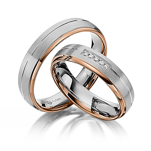 Set Bicolor trouwringen in roodgoud 14 kt. grijsgoud 14 kt. met in totaal 0,05 ct. Briljant tw/si van Steinberg