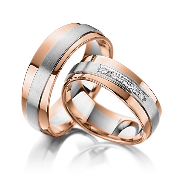 Set Bicolor trouwringen in roodgoud 14 kt. grijsgoud 14 kt. met in totaal 0,05 ct. Briljant tw/si van Steinberg - T-1126-11