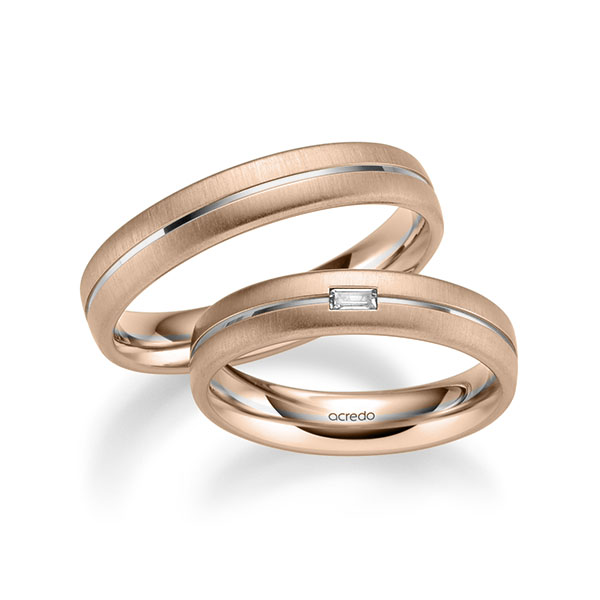 Set Bicolor trouwringen in roodgoud 14 kt. grijsgoud 14 kt. met in totaal 0,06 ct. Baguette-Diamant tw,vs van acredo