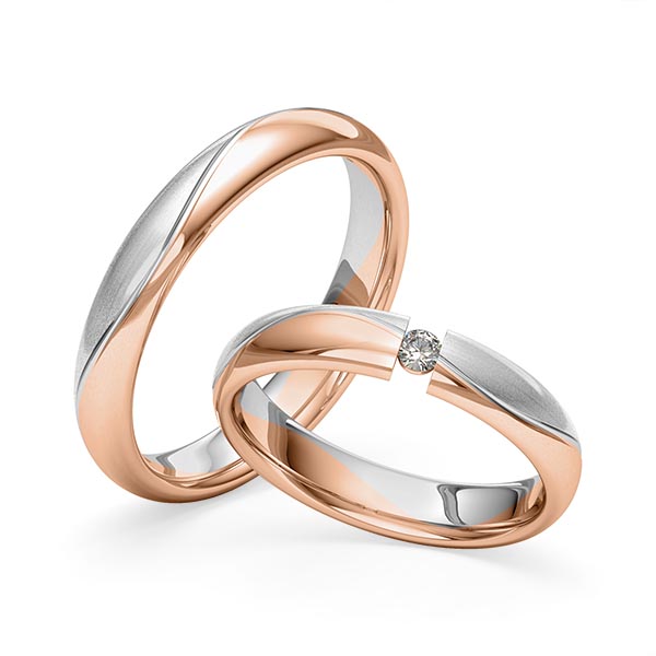 Set Bicolor trouwringen in roodgoud 14 kt. grijsgoud 14 kt. met in totaal 0,06 ct. Briljant tw/si van Merii
