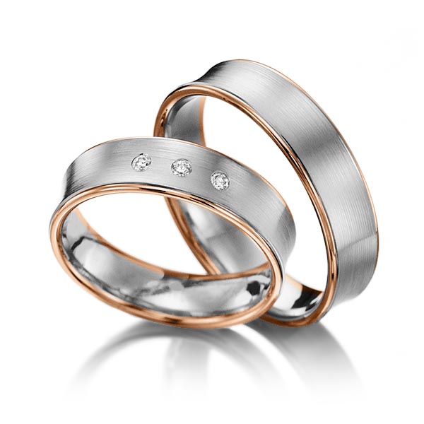 Set Bicolor trouwringen in roodgoud 14 kt. grijsgoud 14 kt. met in totaal 0,06 ct. Briljant tw/si van Steinberg - Q-1399-5