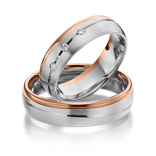Set Bicolor trouwringen in roodgoud 14 kt. grijsgoud 14 kt. met in totaal 0,06 ct. Briljant tw/si van Steinberg