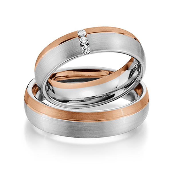 Set Bicolor trouwringen in roodgoud 14 kt. grijsgoud 14 kt. met in totaal 0,075 ct. Briljant tw/si van Steinberg