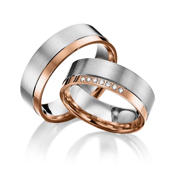 Set Bicolor trouwringen in roodgoud 14 kt. grijsgoud 14 kt. met in totaal 0,07 ct. Briljant tw/si van Eternal Touch - Y-1218-4 Set Bicolor trouwringen in roodgoud 14 kt. grijsgoud 14 kt. met in totaal 0,07 ct. Briljant tw/si van Eternal Touch - Y-1218-4