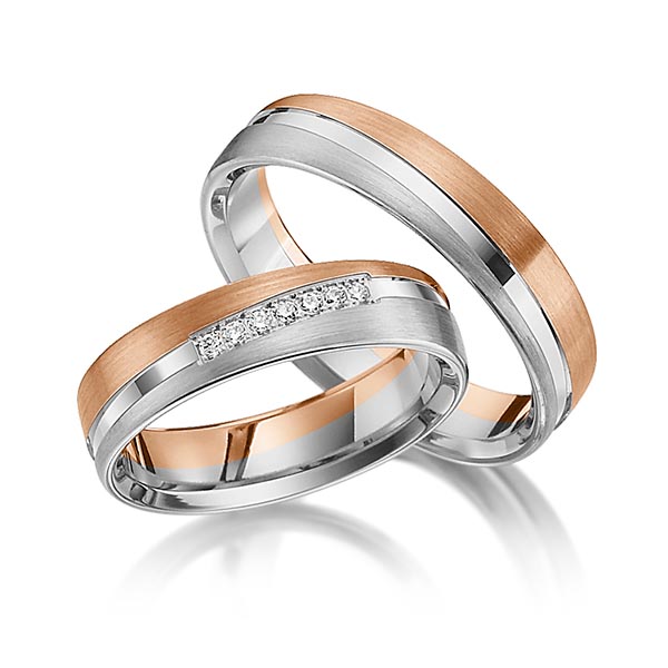 Set Bicolor trouwringen in roodgoud 14 kt. grijsgoud 14 kt. met in totaal 0,07 ct. Briljant tw/si van Steinberg